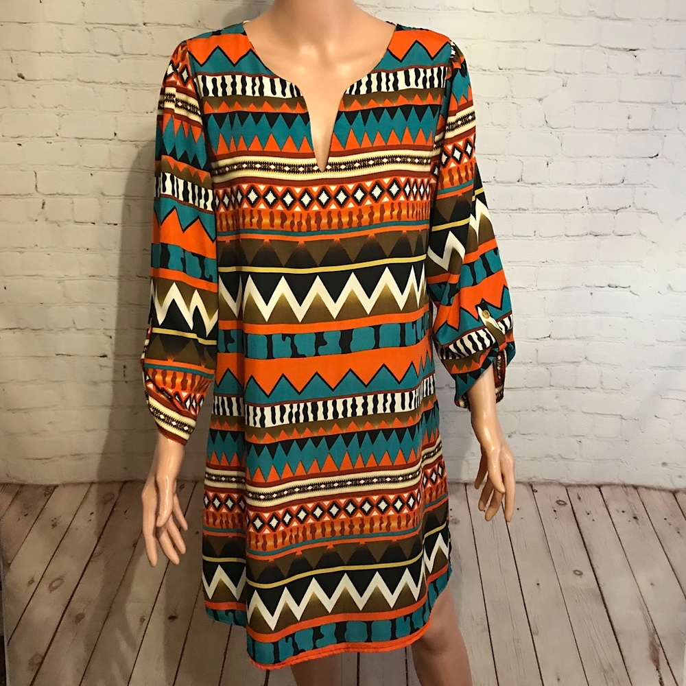 YETTS tribal patterned boho inspired print dress size Large orange brown